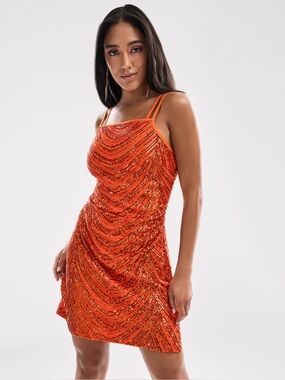 Makie Orange Sequin Mini Dress
